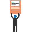 Graphic of a person holding a sign with the logos for HP and Hewlett Packard Enterprise
